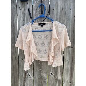 Perceptions New York Peach Pointelle Ruffle Trim Short Sleeve Shrug Bolero M